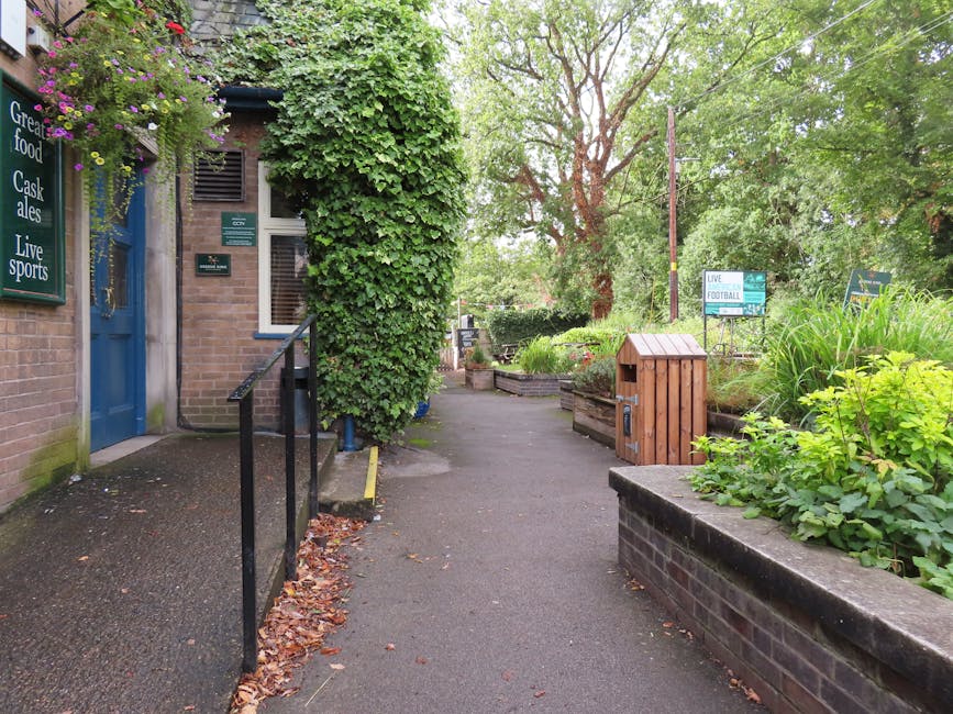 A quiet residential street lined with multi-story brick houses and lush greenery, photographed on a bright, sunny day. The houses feature large windows, some with white frames, and small front gardens